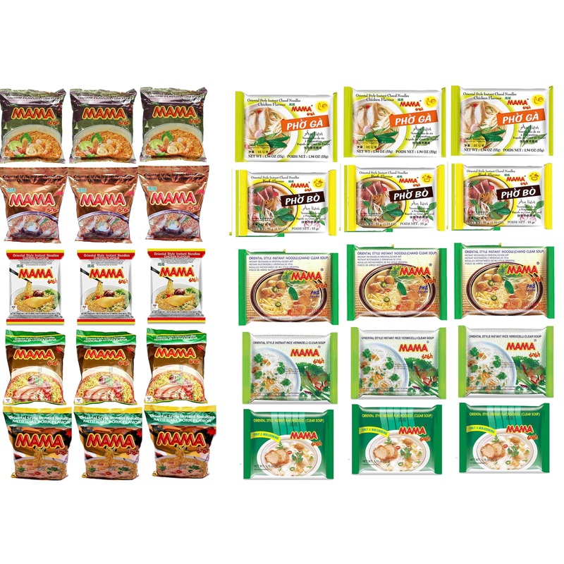 Mama Oriental Style Instant Noodles Mix Flavor Bundle Package Total 30 Packs (10 Flavor Mix, Shrimp Tom Yum Flavor, Shrimp Cream
