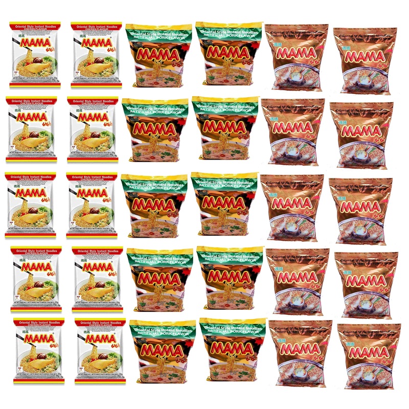 Mama Oriental Style Instant Noodles Mix Flavor Bundle Package Total 30 Packs (3 Best Flavor Mix Chicken, Pork, Creamy Shrimp) 3