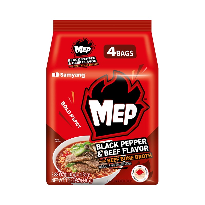 Mep Black Pepper And Beef Flavor, Instant Korean Ramen Noodles, Spicy Ramyeon Noodle Soup [3.88 Oz (110G) X 4 Bags]