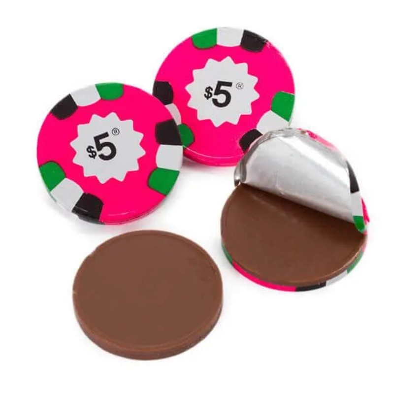 Madelaine Foiled Milk Chocolate Poker Chips – $5 Pink: 5LB Bag