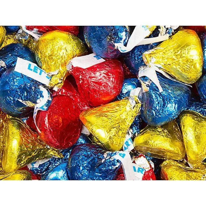 Hershey’s Kisses Red, Dark Blue & Yellow Foiled Party Milk Chocolate Candy: 3LB Bag
