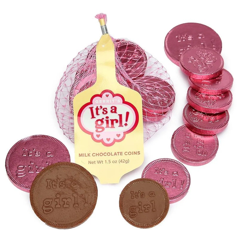 It’s a Girl Foiled Chocolate Coins in Mesh Bags: 18-Piece Box