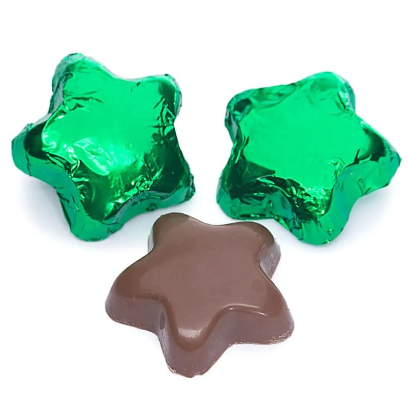 Madelaine Foiled Milk Chocolate Stars – Green: 5LB Bag