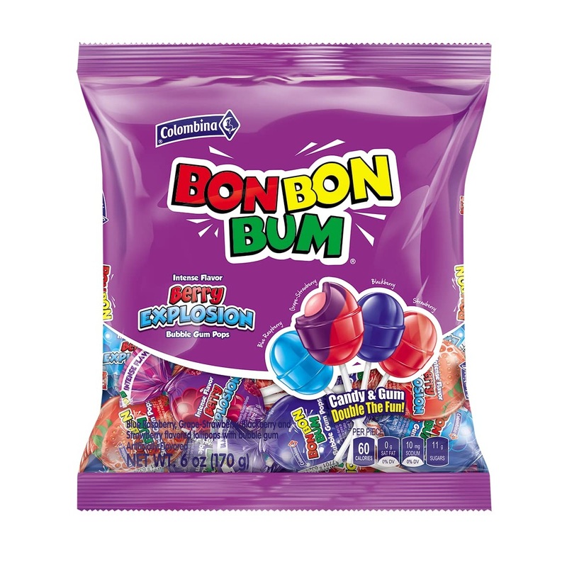 Colombina Bon Bon Boom Berry Explosion Bubble Gum Pops – 6-oz. Bag