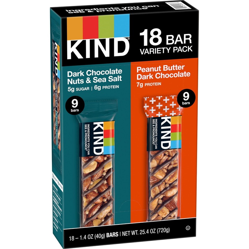 KIND Snack Bars Variety Pack, Dark Chocolate Nuts & Sea Salt and Peanut Butter Dark Chocolate, 18 ct.