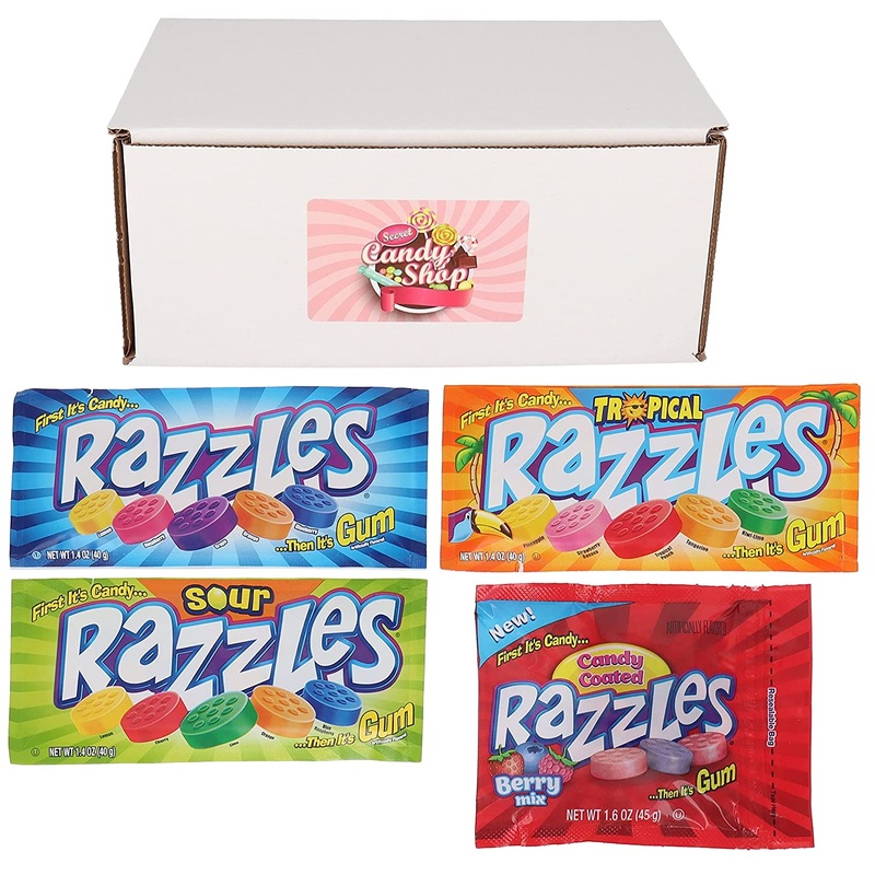 Razzles Gum Candies Variety Pack of 4 Flavors: Berry, Fizzles, Sour, Tropical , and Original (1 of each flavor, Total of 4)