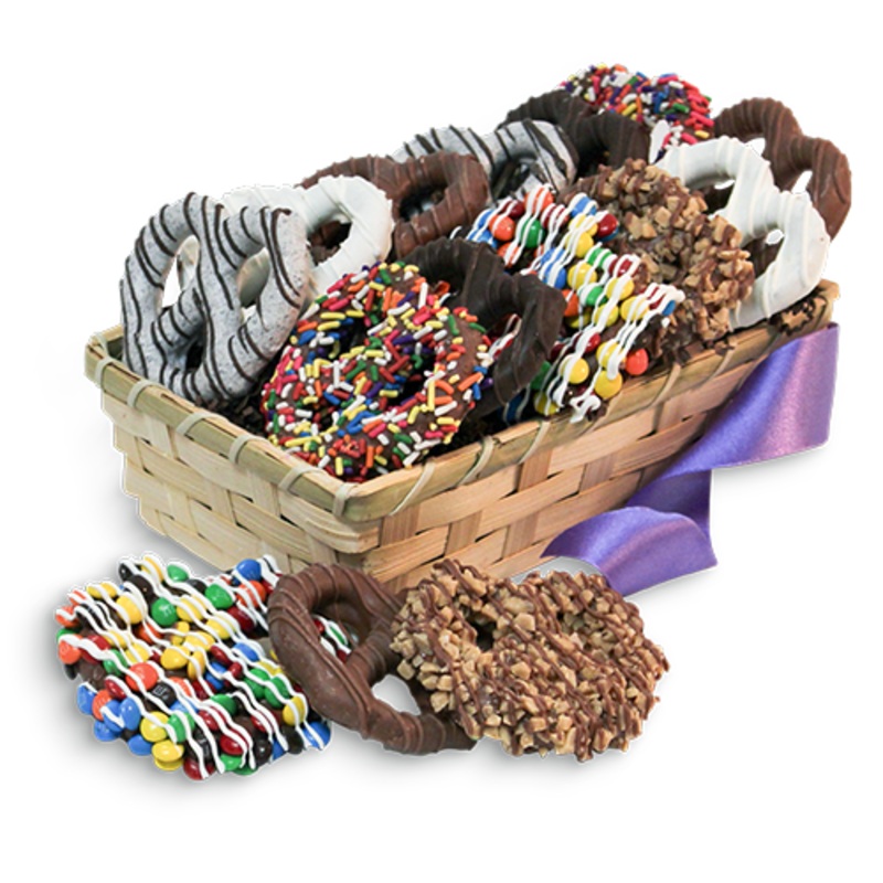 Delectable Dozen Gourmet Chocolate Covered Pretzel Twists Gift Basket