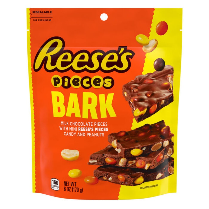 REESE’S PIECES BARK W/ REESE’S PIECES MINIS & PEANUTS PEG BAG