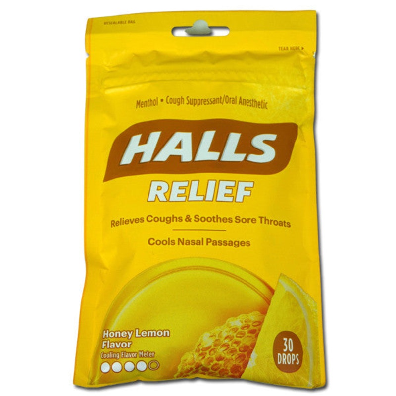 Halls Honey Lemon Cough Drops 30 Count Bag