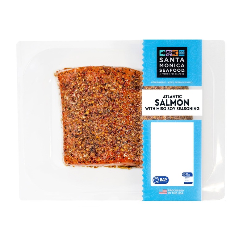 Santa Monica Seafood Farm Raised Atlantic Salmon with Miso Soy Seasoning, priced per pound