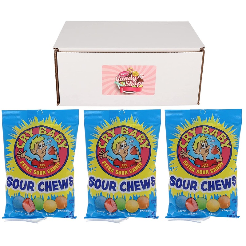 Cry Baby Sour Chews Extra Sour Candy in 5 Flavors (Berry, Cherry, Apple, Lemon, Orange) (Pack of 3)