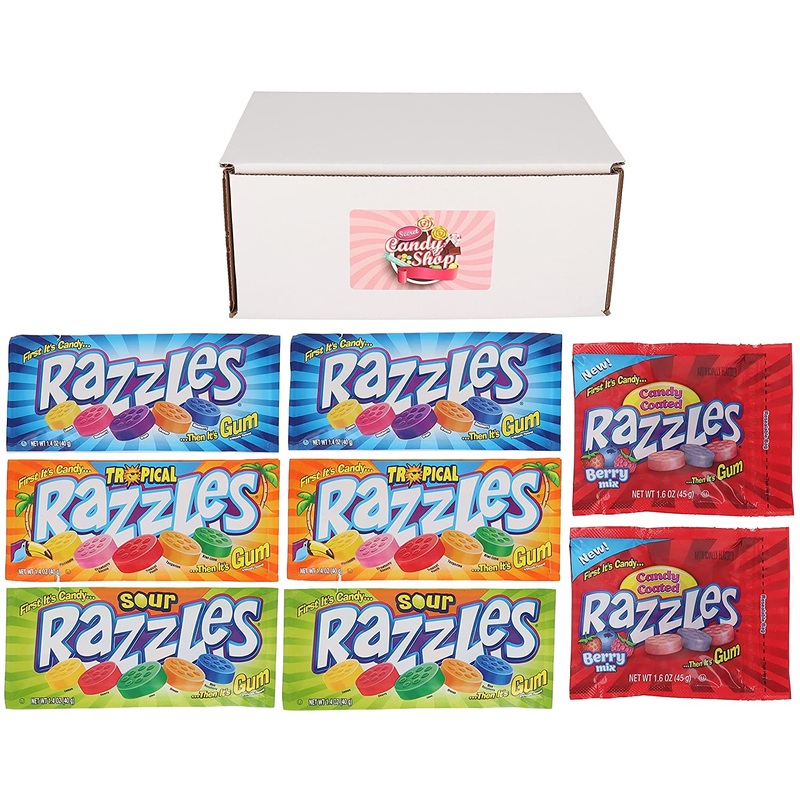 Razzles Gum Candies Variety Pack of 4 Flavors: Berry, Fizzles, Sour, Tropical , and Original (2 of each flavor, Total of 8)