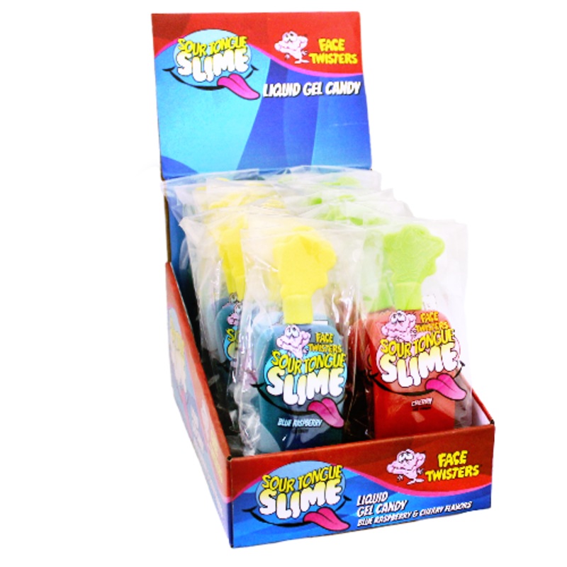 Face Twister Sour Tongue Slime Liquid Gel Candy Blue Raspberry/ Cherry 1.4 oz.
