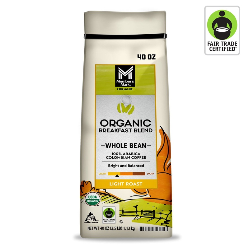 Member’s Mark Organic Light Roast Whole Bean Coffee, Breakfast Blend, 40 oz.