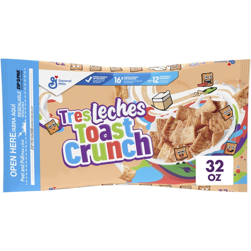 Tres Leches Toast Crunch Breakfast Cereal, Crispy Tres Leches Flavored Cinnamon Cereal, Resealable Bag, 32 Oz