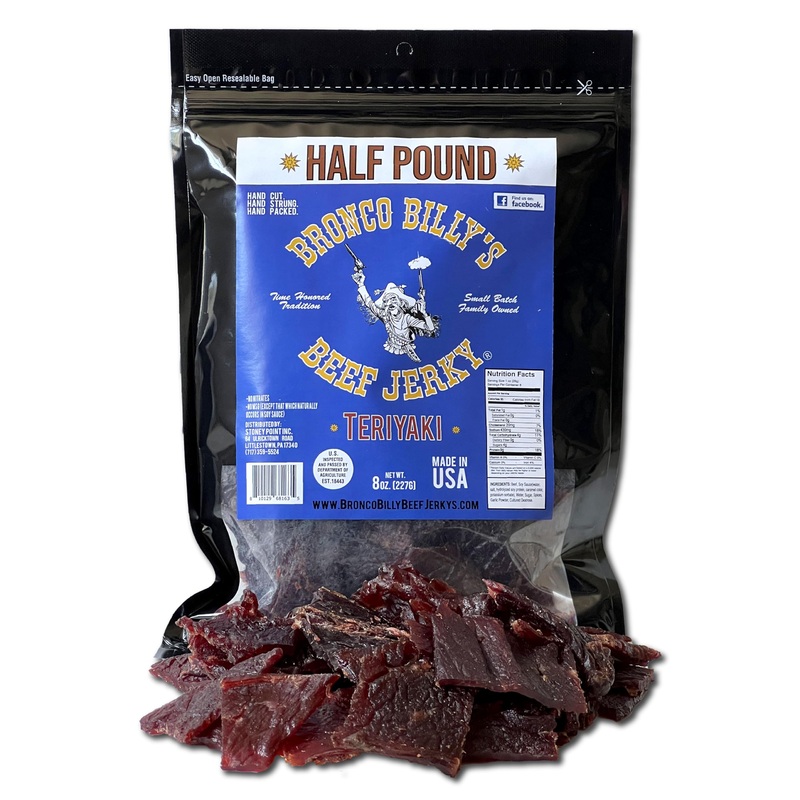 Bronco Billy’S Beef Jerky Teriyaki Half Pound Resealable Bag, Made In Usa With Premium Usda Beef, Hand Cut, Hand Strung, Hand Pa