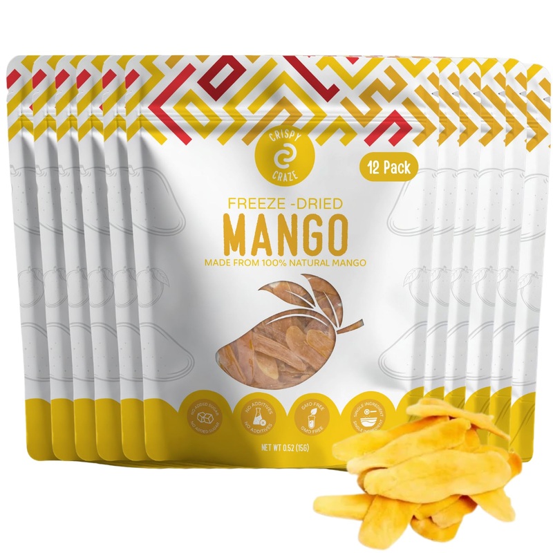 Crispy Craze Freeze Dried Mango (12 Snack Sized Bags, 0.52 Oz Each), Sliced Mango Fruit Crisps, Non Gmo, Healthy Snack, No Added