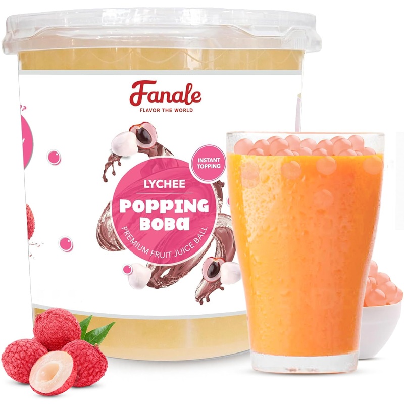 Fanale Lychee Popping Boba Pearls, Vegan, Non Gmo, Gluten Free, Fat Free, Perfect For Bubble Tea, Smoothies, Ice Cream, Desserts