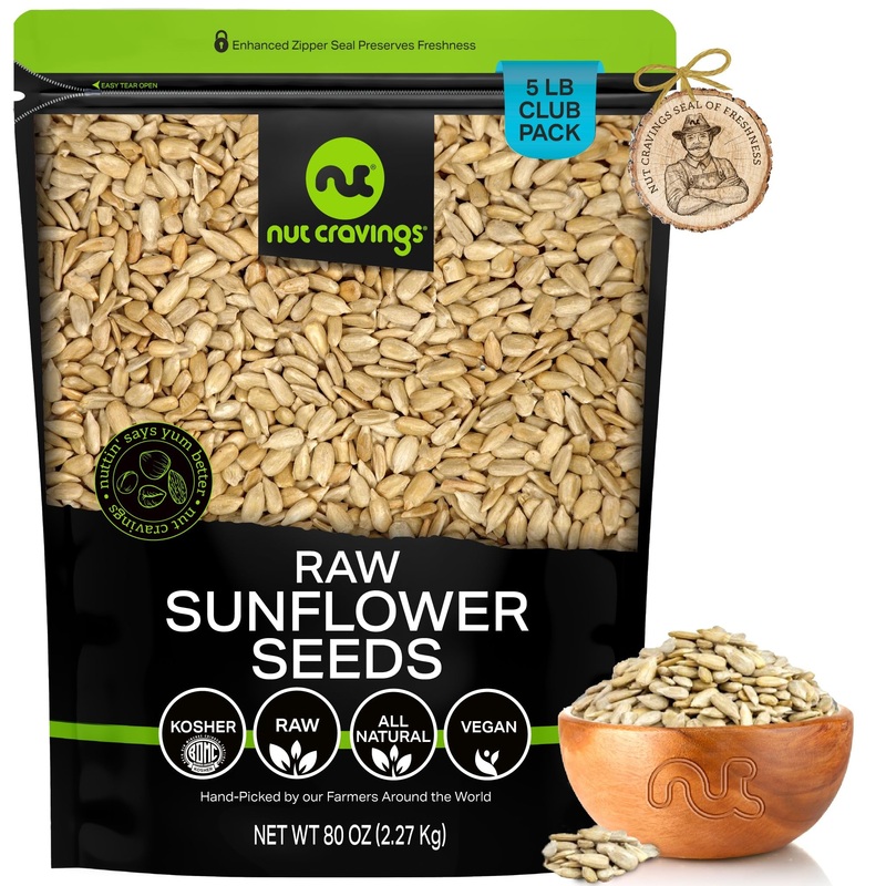 Nut Cravings – Raw Sunflower Seeds Kernels To Eat, Unsalted, Shelled Hulled, (80Oz – 5 Lb) Bulk Nuts Packed Fresh In Resealable