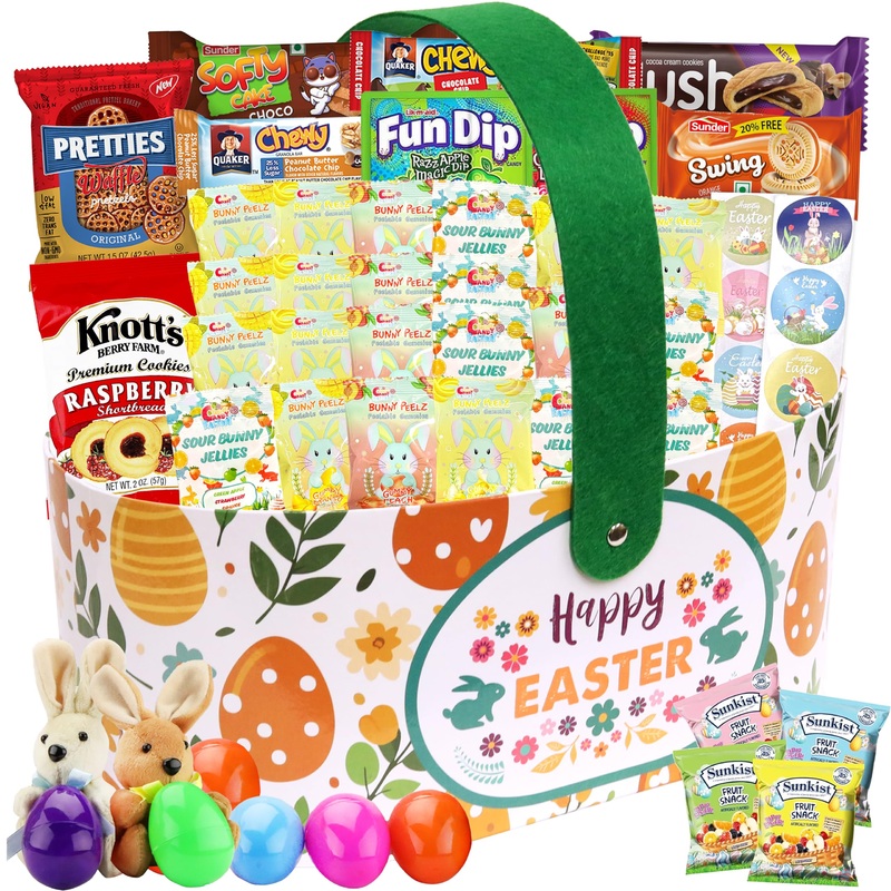 Easter Snack Basket (52 Count) Filled With Candy, Peelable Gummies,Treats, Bunny And More, Great Package For Family, Friends, Ki