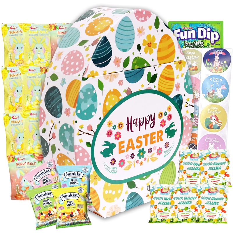 Easter Snack Egg Shape Box (28 Count) Filled With Candy, Peelable Gummies, Treats And Bunny, Great Package For Family, Friends,