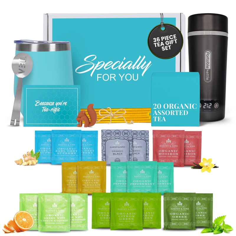 Mothers Day Gifts For Mom Gift Set With Kettle – 36-Piece Sampler For Tea Lovers With Insulated Mug, Organic Blends & Accessorie