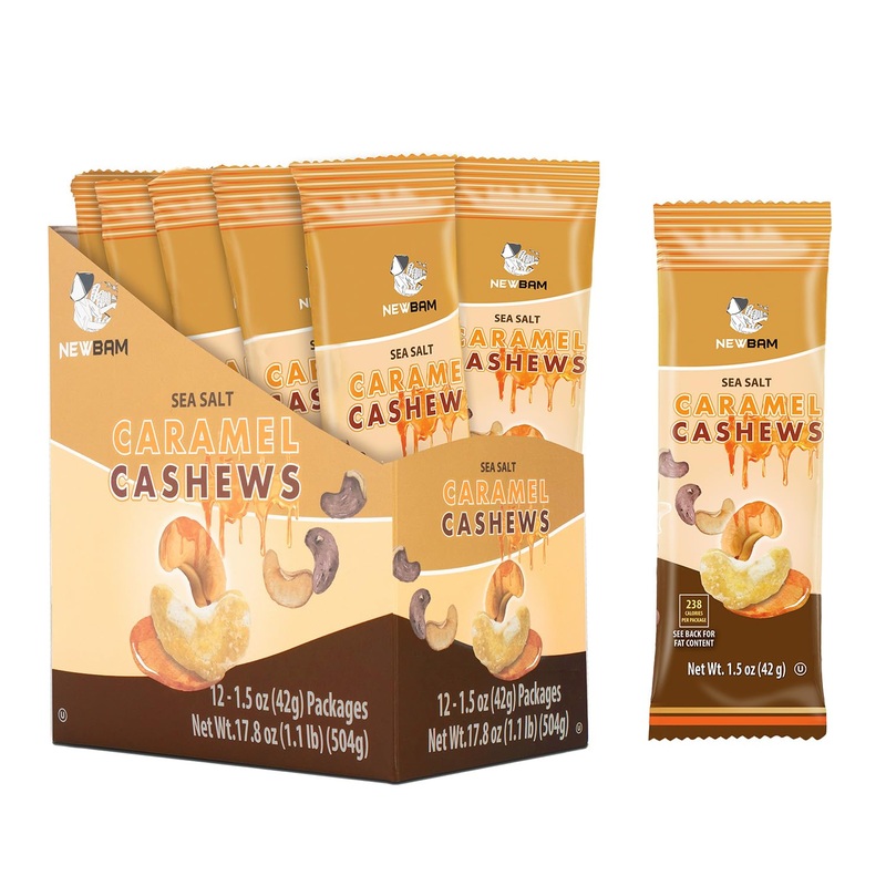 Newbam Sea Salt Caramel Cashews Individual Packs – 12 Cashew Snack Packs Roasted Nuts (1.5Oz Each) – Keto, Vegan, Gluten-Free –