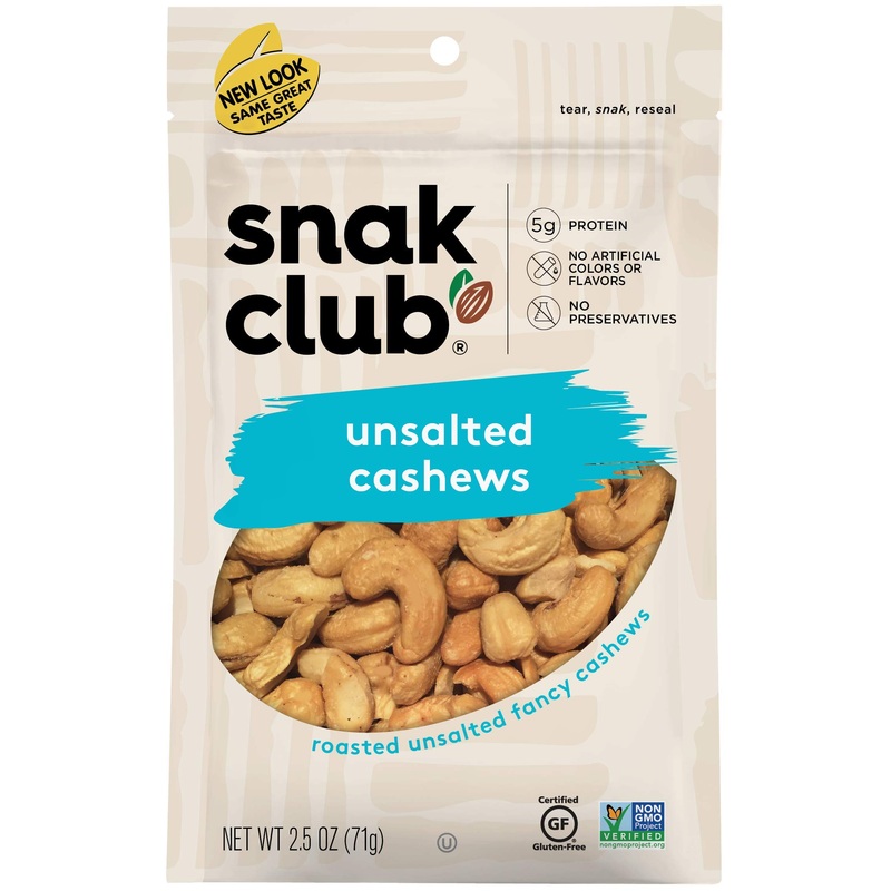 Snak Club Roasted & Unsalted Cashews, 2.5 Ounce (Pack Of 6)