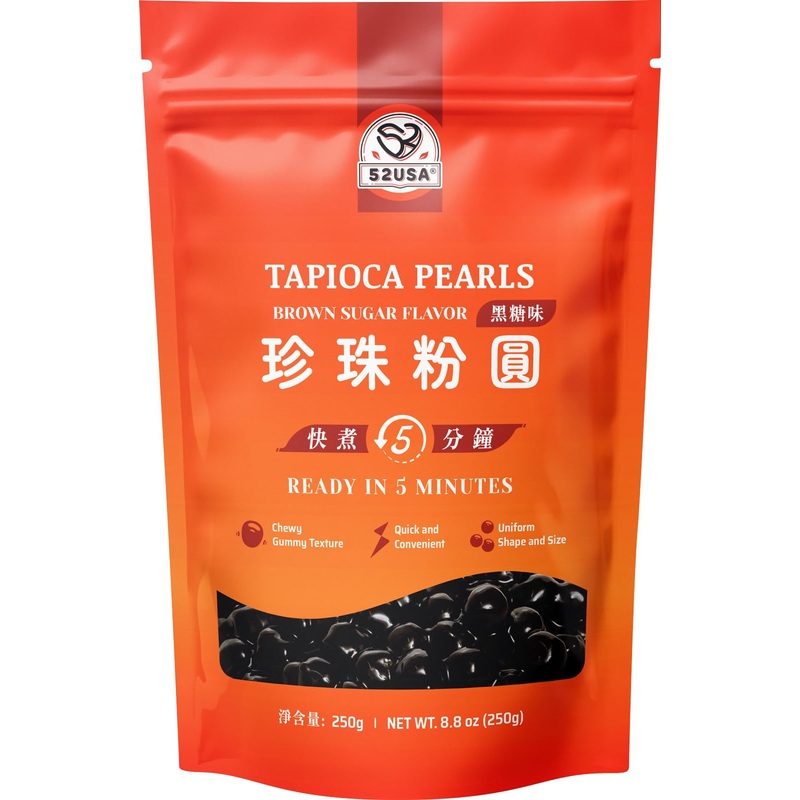 52Usa Boba Tapioca Pearl, Black Sugar Flavor, Fresh Bubble Tea Pearl, 8.8 Oz (250 G), Black Tapioca Pearl For Bubble Tea, Ready