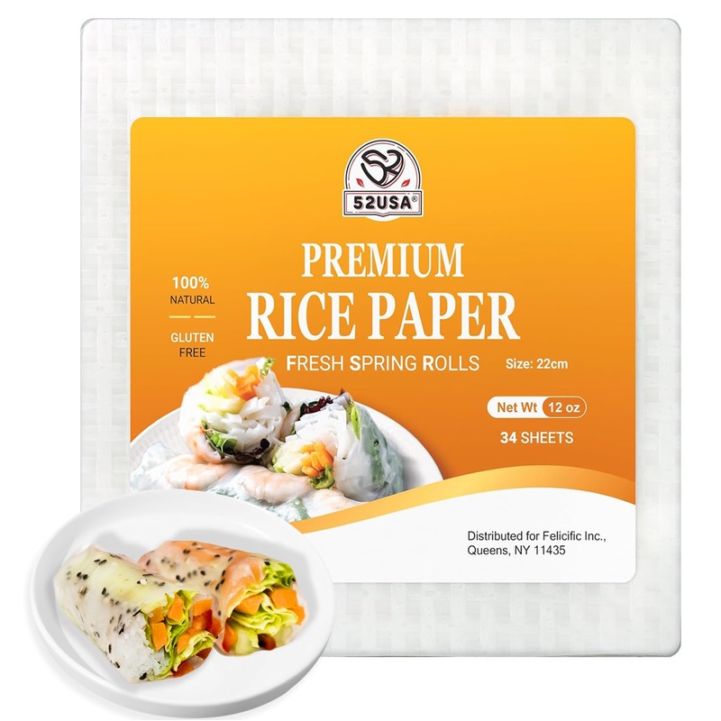 52Usa Square Rice Paper, 1 Pack, White Rice Paper Wrappers, Fresh Spring Roll Wrappers & Dumplings-34 Sheets, Gluten-Free Wonton
