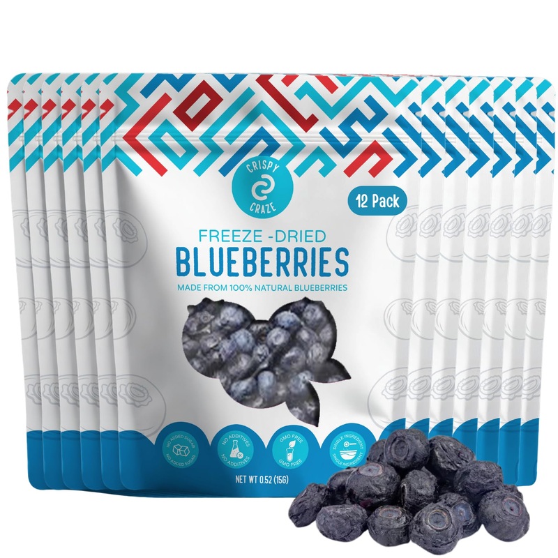 Crispy Craze Freeze Dried Blueberries (12 Snack Sized Bags, 0.52 Oz Each), Whole Blueberries Fruit Crisps, Non Gmo, Healthy Snac