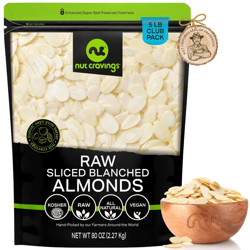Nut Cravings – Blanched Sliced Almonds – Raw, (80Oz – 5 Lb) Packed Fresh In Resealable Bag – Nut Snack – Healthy Protein Food, A