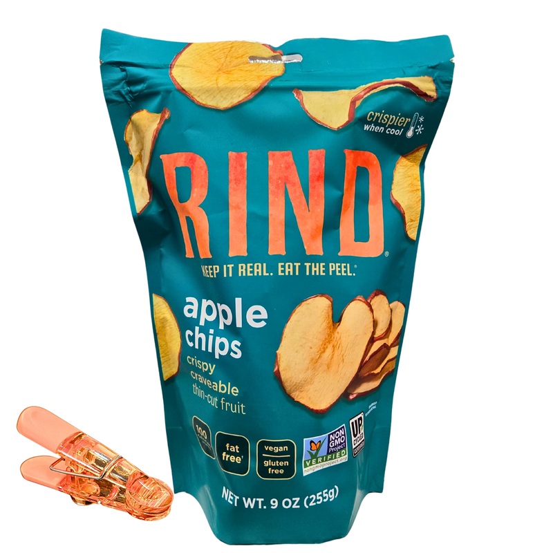 Rind Apple Chips, Crispy Thin-Cut Fruit, 9 Oz, Fat Free, Vegan, Gluten Free With Free Bag Sealer Clip