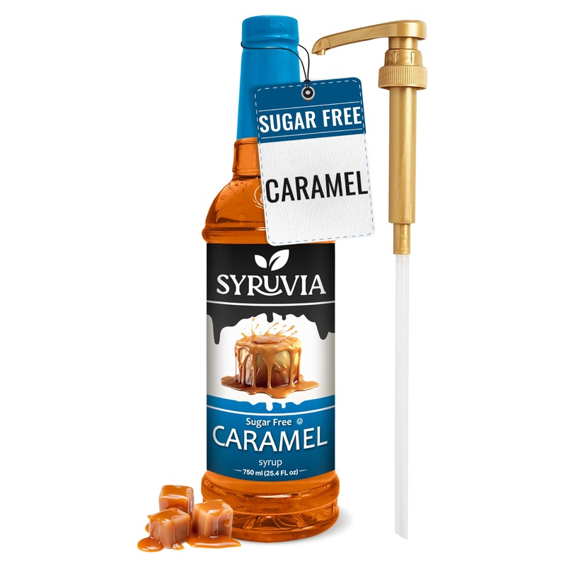 Syruvia Sugar Free Caramel Syrup With Syrup Pump Dispenser – Caramel Coffee Syrup Flavor, 25.4 Fl Oz, Kosher, Gluten Free, Perfe