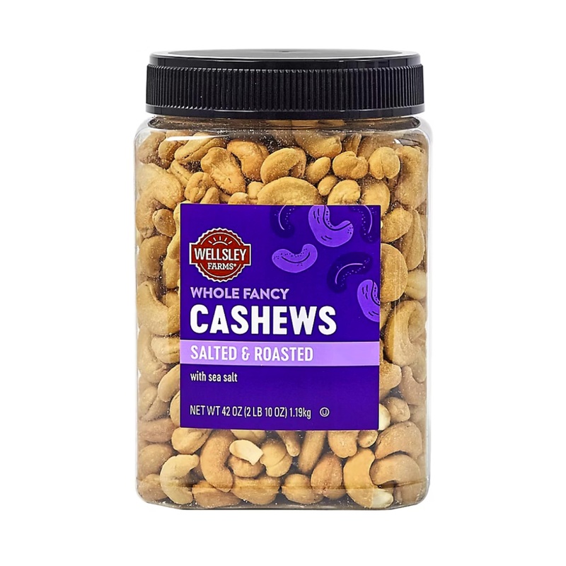 Wellsley Farms Whole Fancy Salted And Roasted With Sea Salt. Whole Cashews, 42 Oz. Tub. Certified Kosher