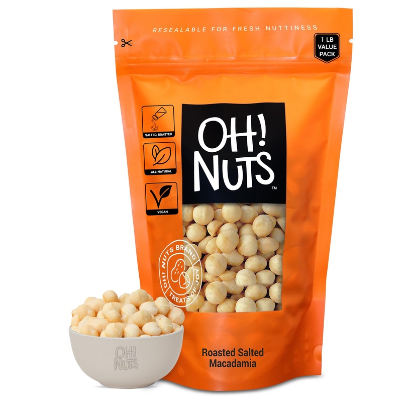 Oh! Nuts Dry Roasted Unsalted Macadamia Nuts, 1 lb – Oven Roasted, No Oil, Freshness-Sealed in New York Zip Bag
