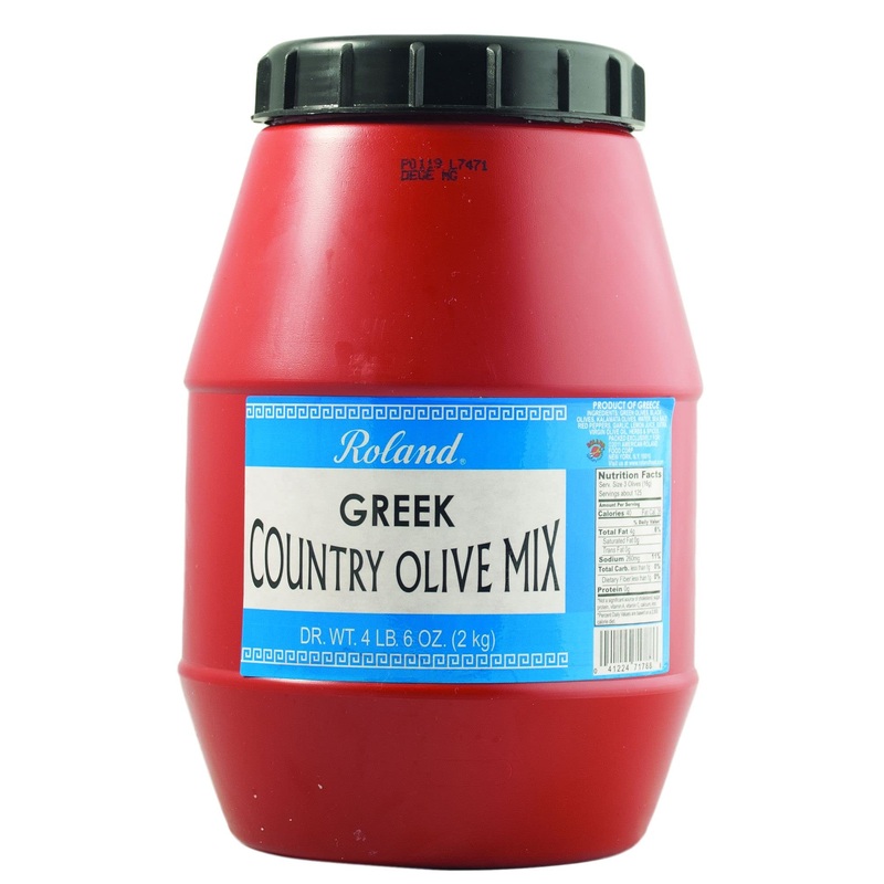Roland Foods Greek Country Olive Mix, Whole Olives Marinated With Garlic And Pepperoncini Peppers, Specialty Imported Food, 4 Lb
