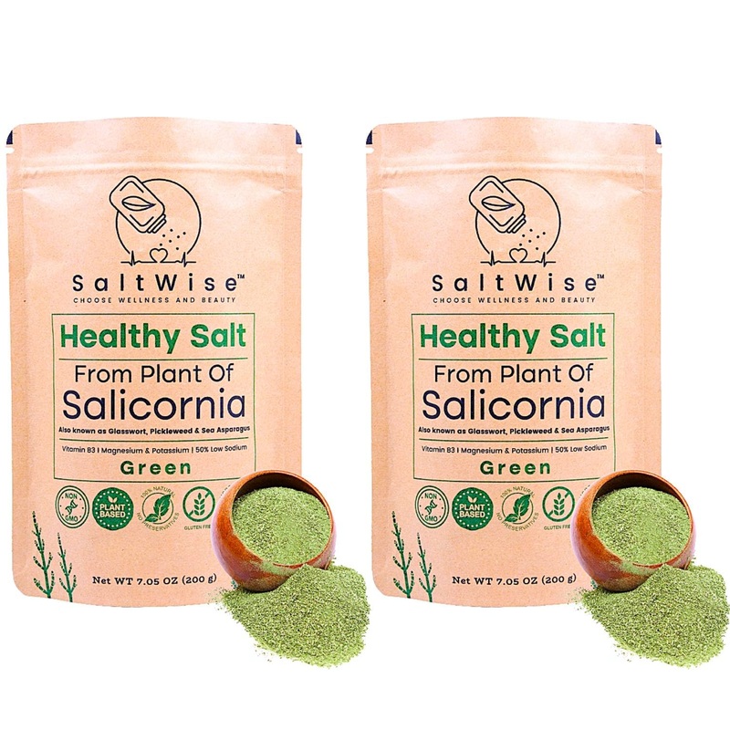 Saltwise Green Salicornia Salt, 50% Low Sodium, Plant Based Salt Substitute, Umami, Dehydrated Sea Beans (Samphire), 100% Natura