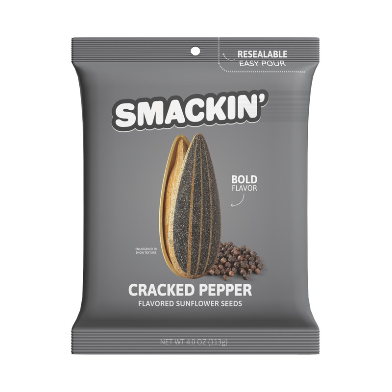 Smackin’ – Jumbo Roasted Sunflower Seeds, No Salty Burn, American Made, Easy Pour & Seal – Cracked Pepper, 4Oz Bag (12 Bags)