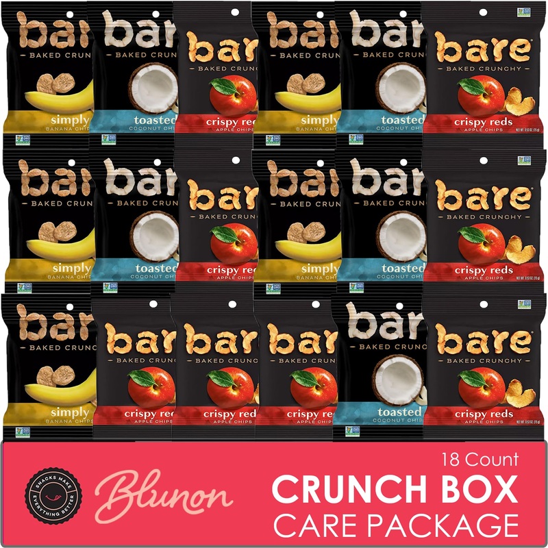 Bare Chips Variety Pack – Assortment Of Apple Chips, Banana Chips And Coconut Chips Snack Size – Care Package Gift Box (18 Count