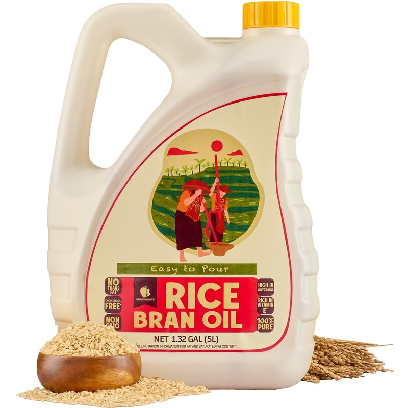 Gourmanity Rice Bran Oil, Bulk 1.32 Gallon Easy Pour Bottle, Heart Healthy Oil Made From 100% Pure Rice Bran, Perfect For Cookin