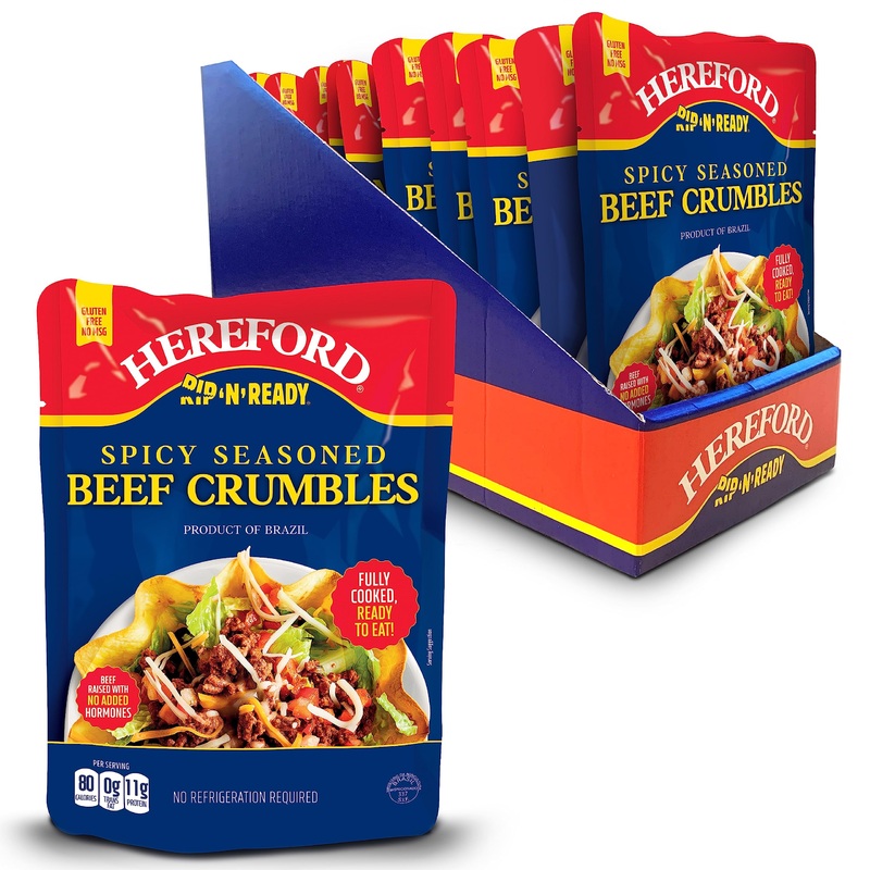 HEREFORD Spicy Seasoned Beef Crumbles, Fully Cooked & Ready-to-Eat, 12g Protein, 6oz Pouch, Shelf Stable, Halal, Case of 12