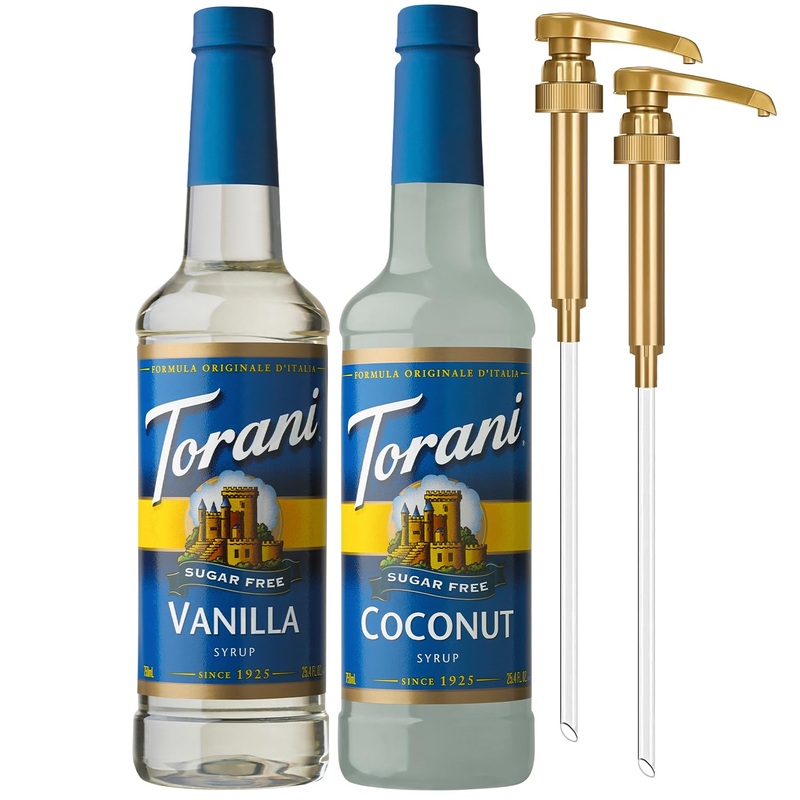 Torani Sugar Free Coconut Syrup And Sugar Free Vanilla Syrup Variety 2-Pack, Coffee Syrups For Drinks, Pumps Included, 25.4 Fl O