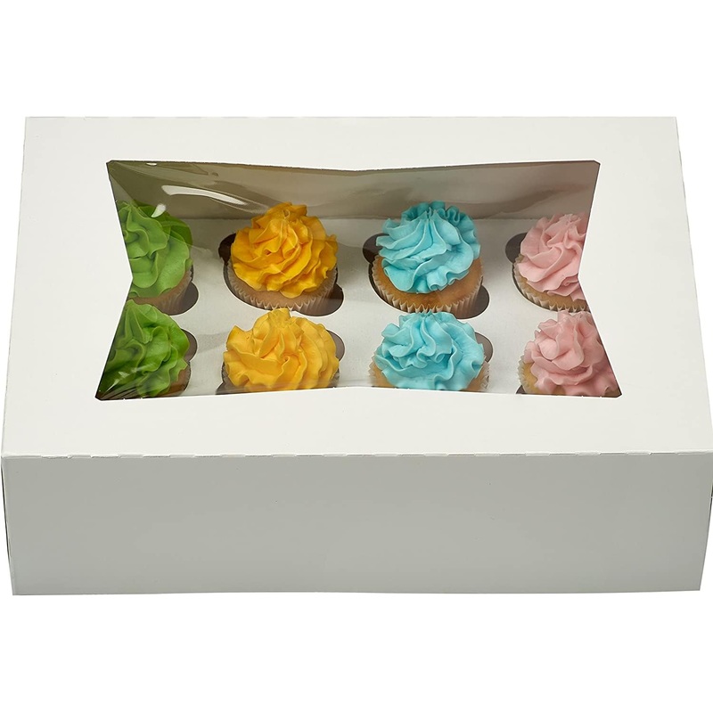 12 Pcs Window Cupcake Boxes [Made In Usa] White Bakery Cupcake Boxes With Inserts- 14” X 10” X 4” Fits 12 Standard Size Cupca