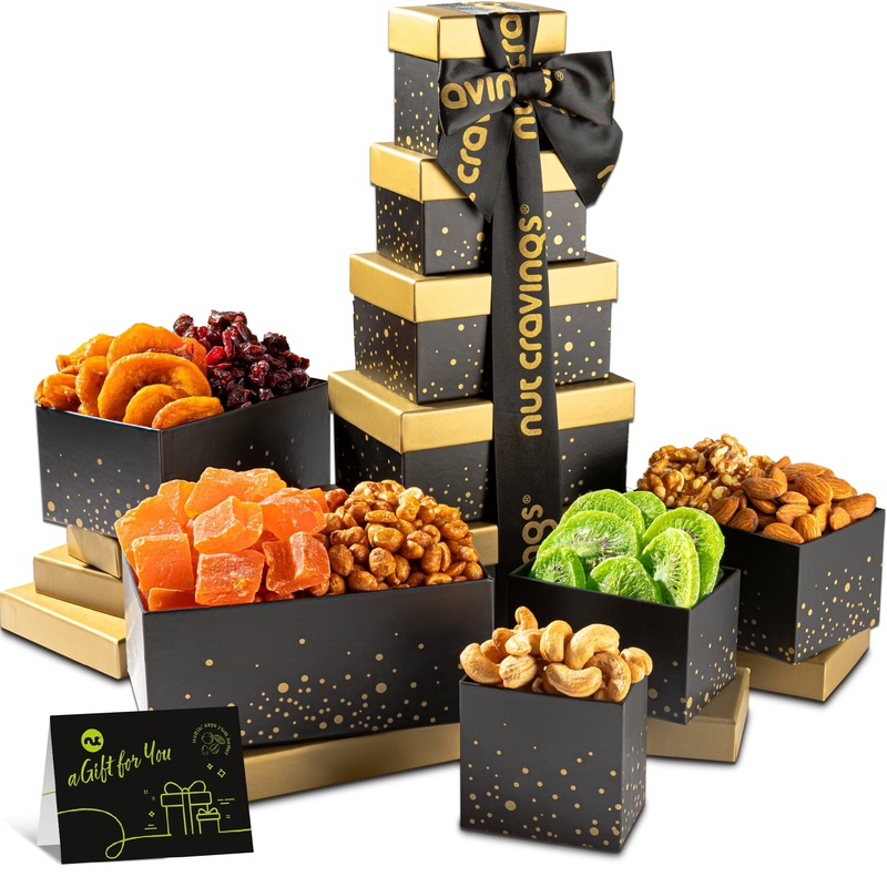 Nut Cravings Fathers Day Gourmet Dad Treats – Dried Fruit & Mixed Nuts Gift Basket, In Black Tower + Ribbon (8 Assortments) Food