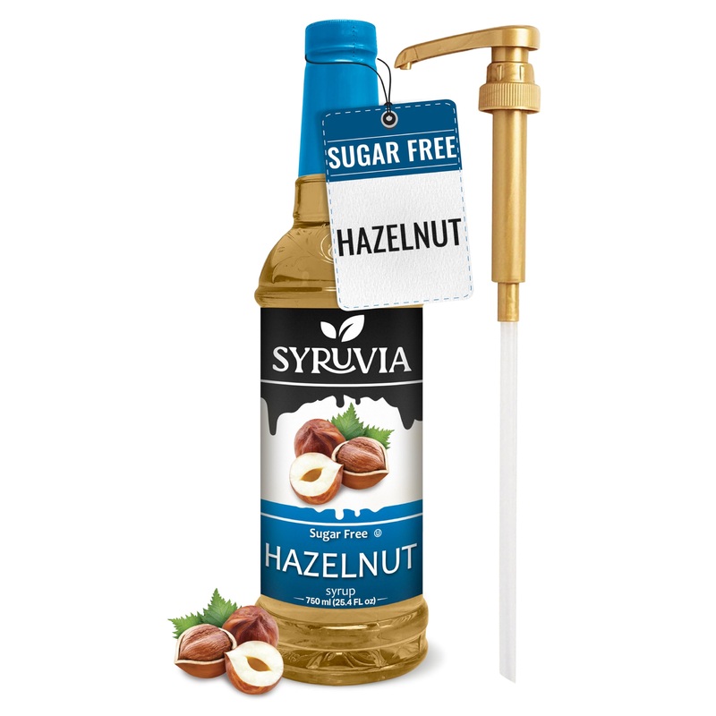 Syruvia Sugar Free Hazelnut Syrup With Syrup Pump Dispenser – Hazelnut Coffee Syrup Flavor, 25.4 Fl Oz, Kosher, Gluten Free, Per