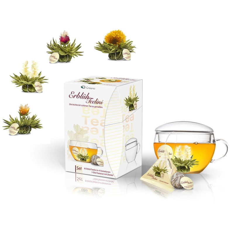 Creano Tea Gift Set Blooming Tea In Cup Size – 8 Pcs Flowering White Tea With Glass Tea Cup – 7Oz (200Ml)