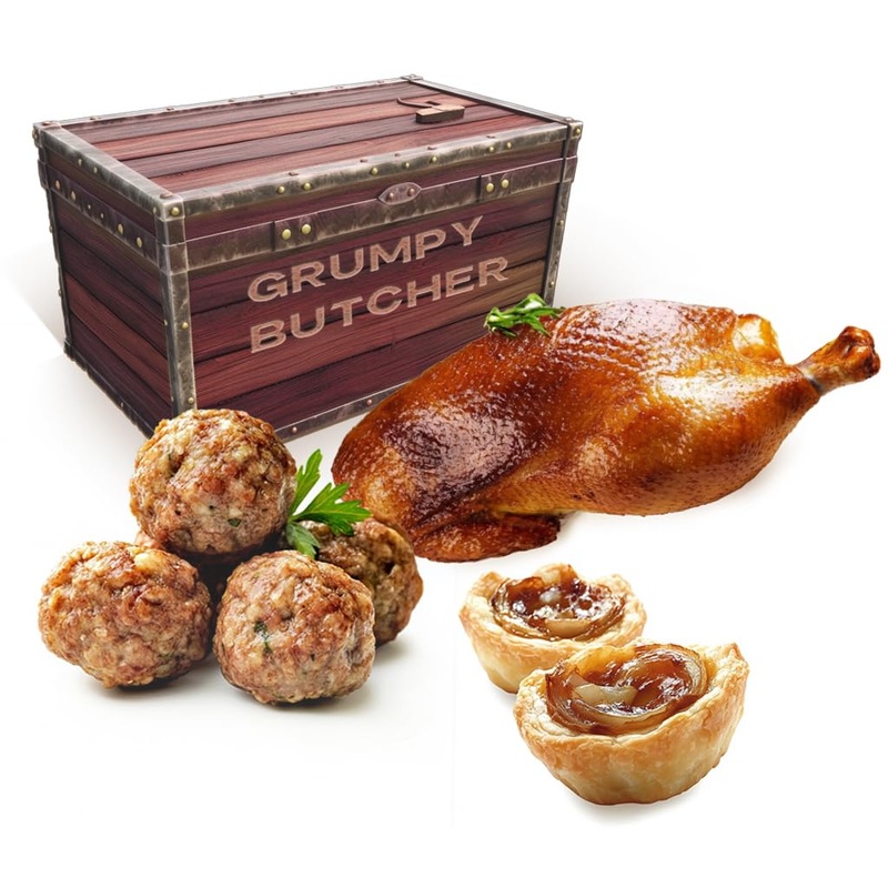 Grumpy Butcher Duchess Treat – Roasted Duck, Artisan Meatballs, Puff Pastry Feta & Onion Tarts – Grumpy Signature Food Gifts Col