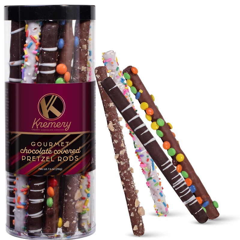 Kremery Creamy Chocolate Cravings – Fathers Day, Chocolate Covered Pretzel Rods Gift Basket, In Clear Tube (8 Pretzels, Assorted