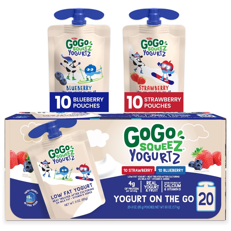 Gogo Squeez Yogurtz Variety Pack, Blueberry, Strawberry 3 Oz (20 Pouches) – Kids Snacks Made From Real Yogurt & Fruit – Pantry F